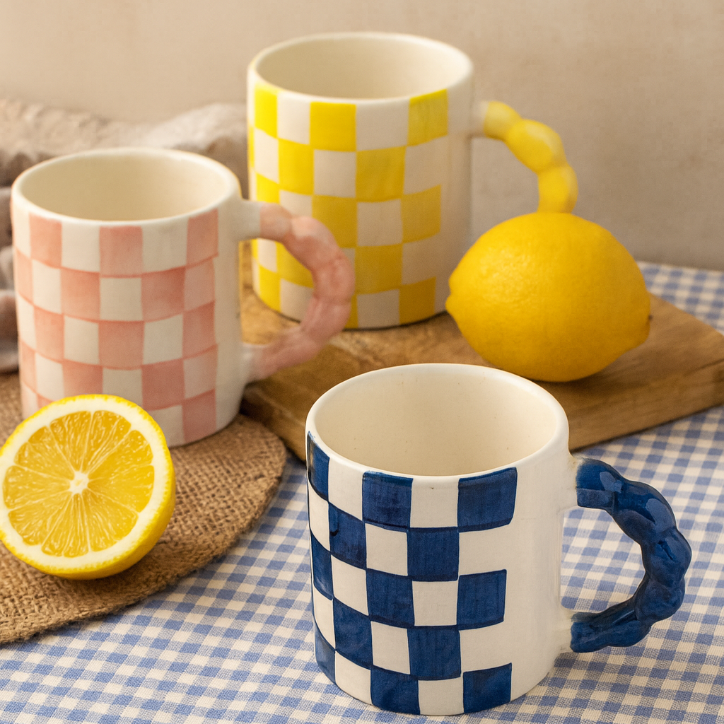 Yellow Checkered Ceramic Mug 3x3.5 Inches Set of 2 - Casa Amarosa