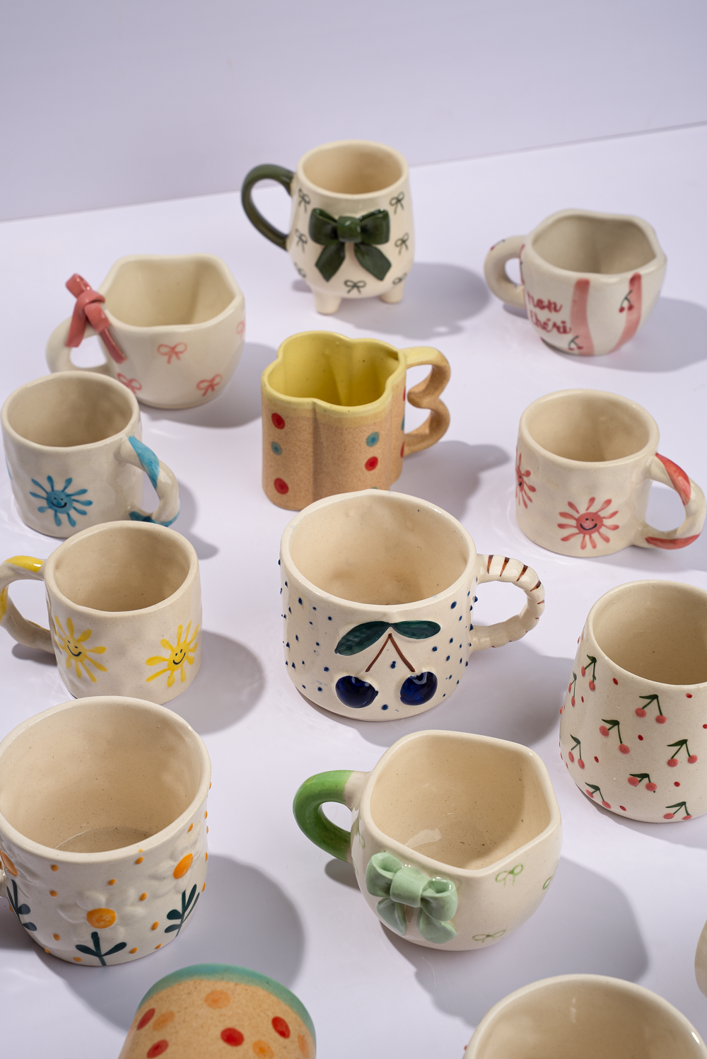 Pink Sun Ceramic Mug | Hand-Painted Smiley | 2.5 in | Set Of 2