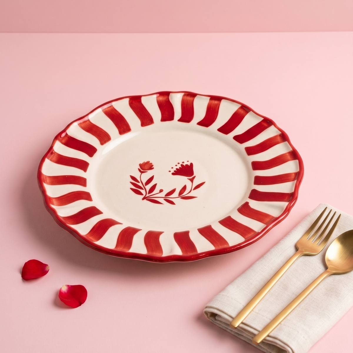 Striped Red Floral Dinner Plate | Hand-crafted Ceramic | Set Of 2