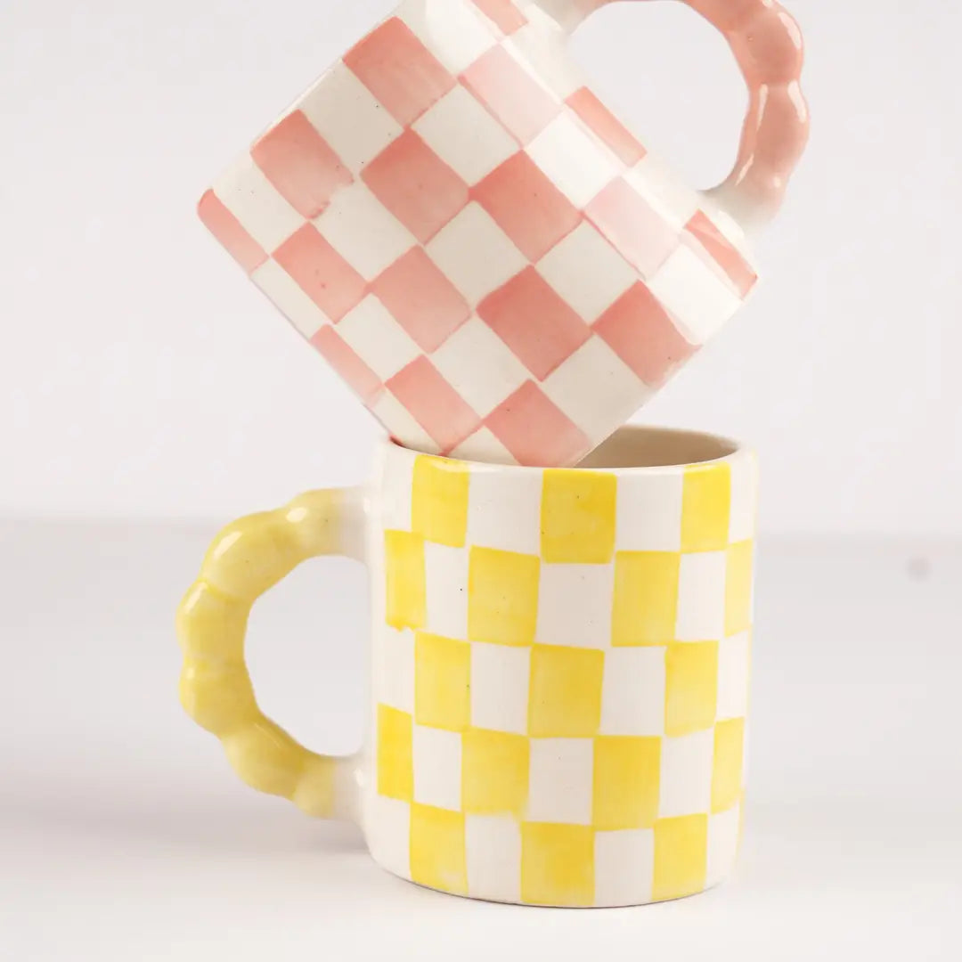 Yellow Checkered Ceramic Mug , 3x3x3.5 Inches (Set of 2)