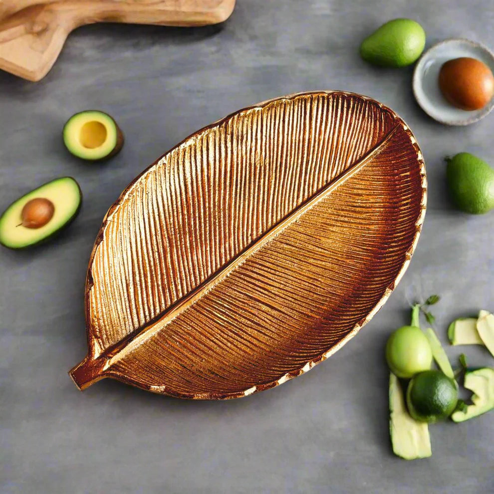 Gilded Leaf Serving Tray and Platter - 12 x 7.5 x 1.2 Inches