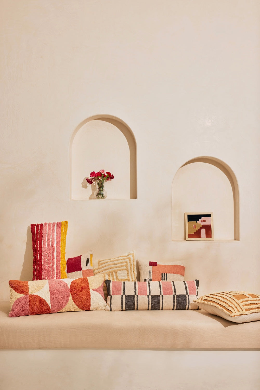 Rekha Handwoven Geometric Pillow, Pink & Wine- 18x18 Inch