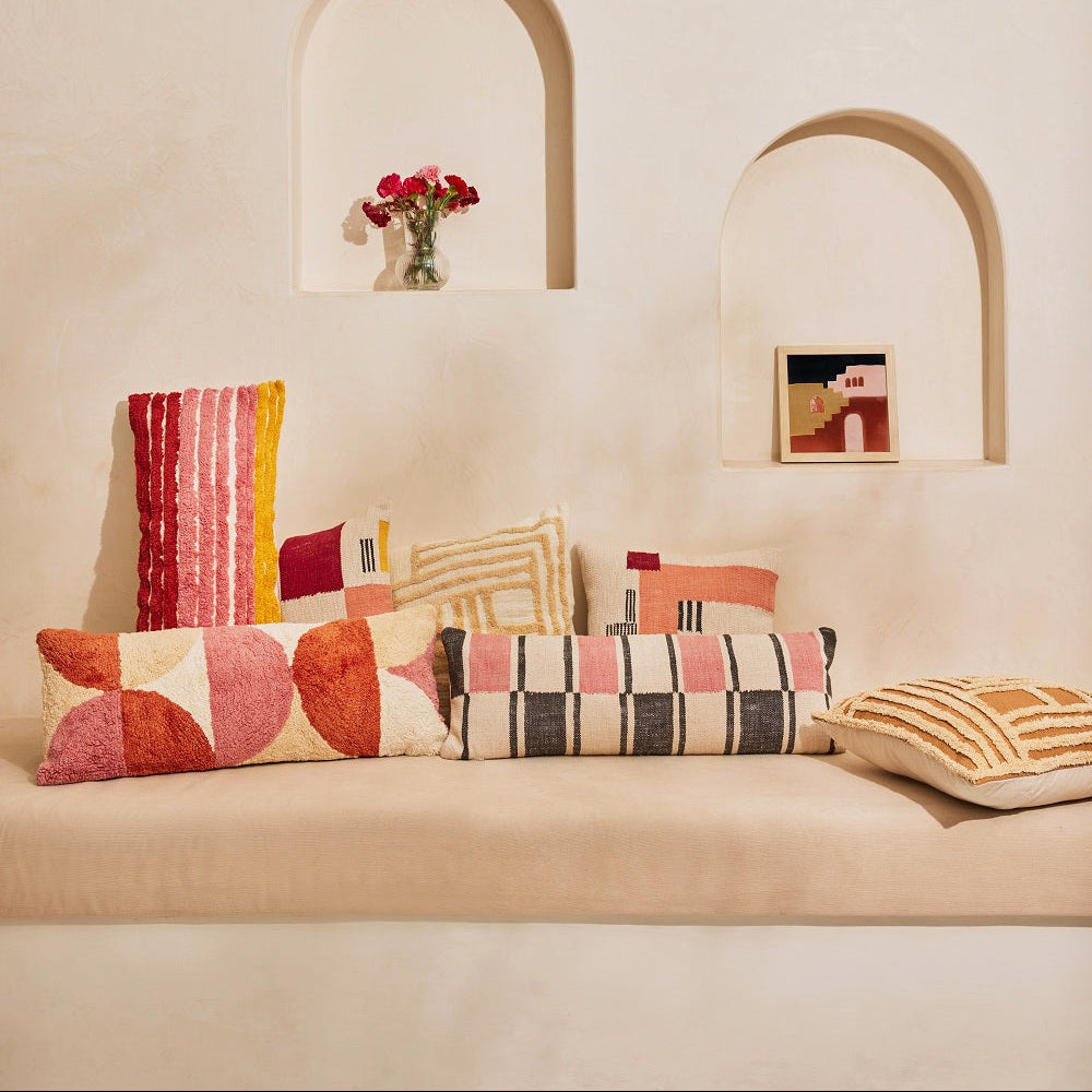 Rekha Handwoven Geometric Pillow, Pink & Wine- 18x18 Inch