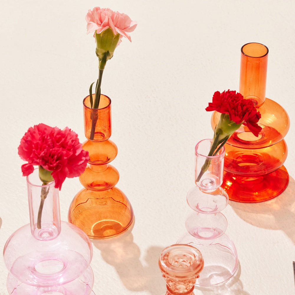 Retro Wavy Glass Candle Holder- 7 x3.5 Inches_Rust Orange (Set of 4)