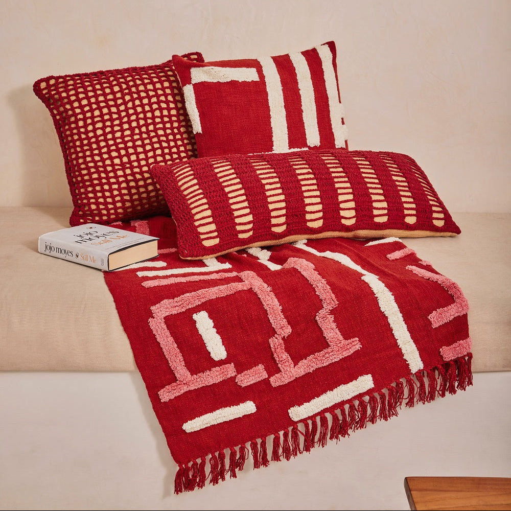 Tarika Lines Lumbar Crochet Pillow, Wine Red- 12 x 30 Inch