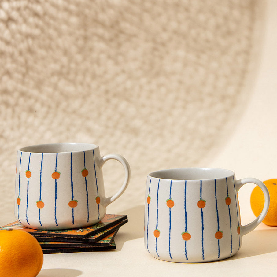 Orange Striped Ceramic Mug - 3.5 x 3 Inches , Set of 4
