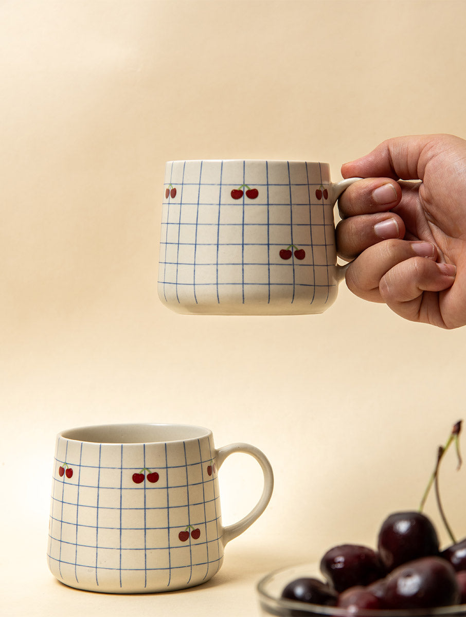 Cherry Checkered Ceramic Mug - 3.5 x 3 Inches , Set of 4