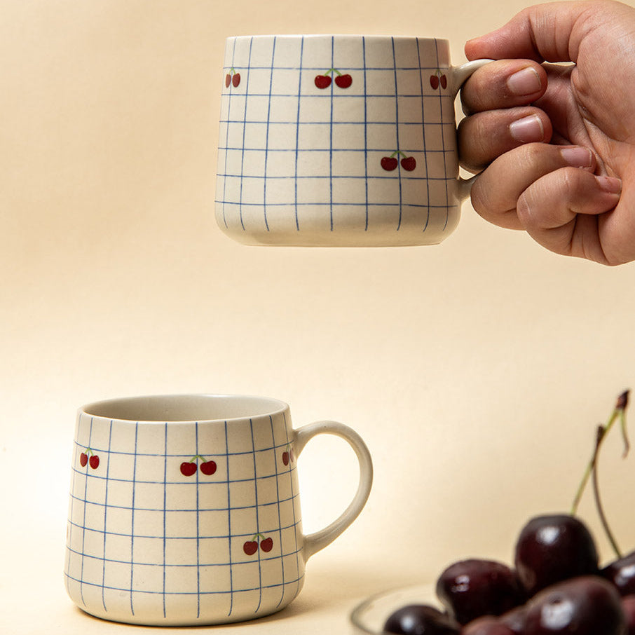 Cherry Checkered Ceramic Mug - 3.5 x 3 Inches , Set of 4
