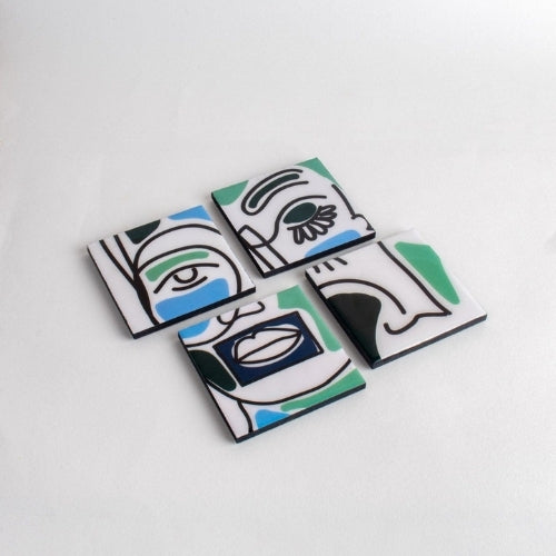 Faces Aqua Blue Coaster (Set Of 4) 4x4x0.2 Inches