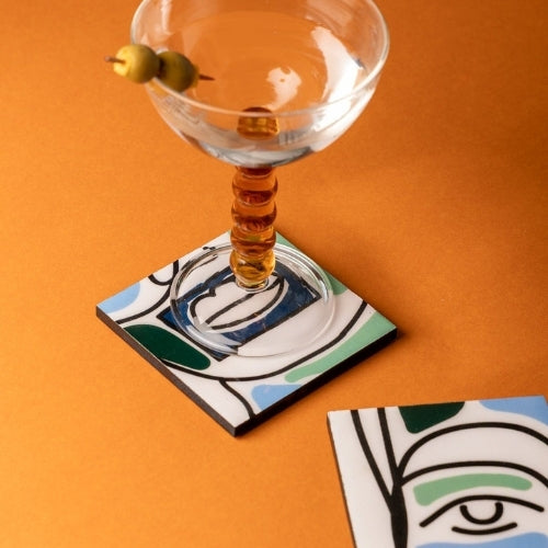 Faces Aqua Blue Coaster (Set Of 4) 4x4x0.2 Inches