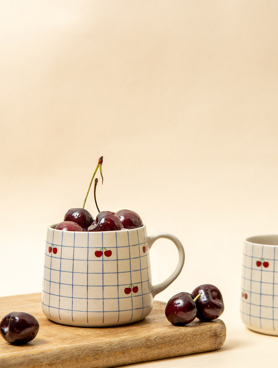 Cherry Checkered Ceramic Mug - 3.5 x 3 Inches , Set of 4