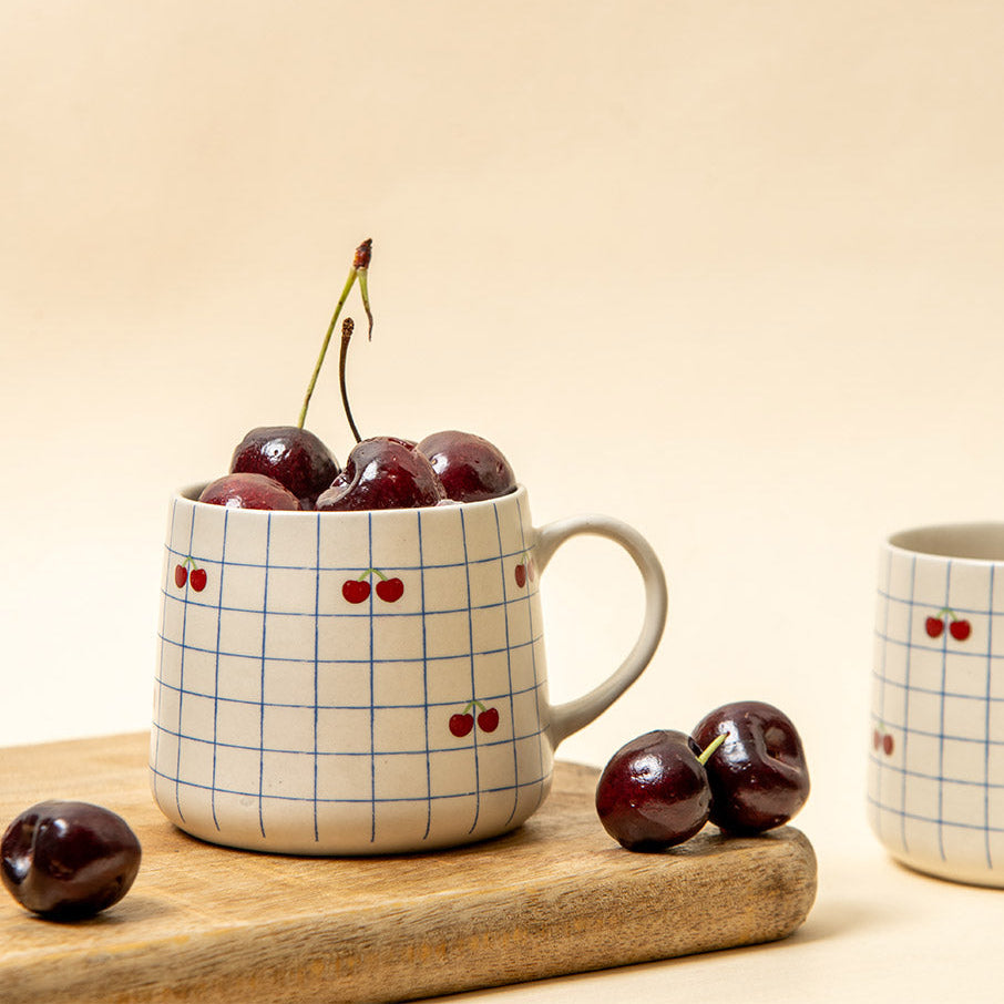 Cherry Checkered Ceramic Mug - 3.5 x 3 Inches , Set of 4