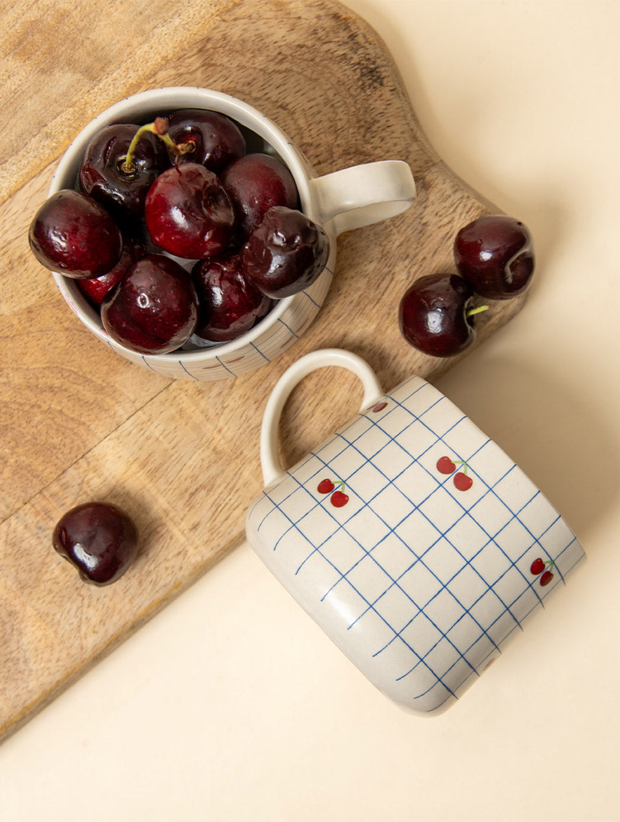 Cherry Checkered Ceramic Mug - 3.5 x 3 Inches , Set of 4