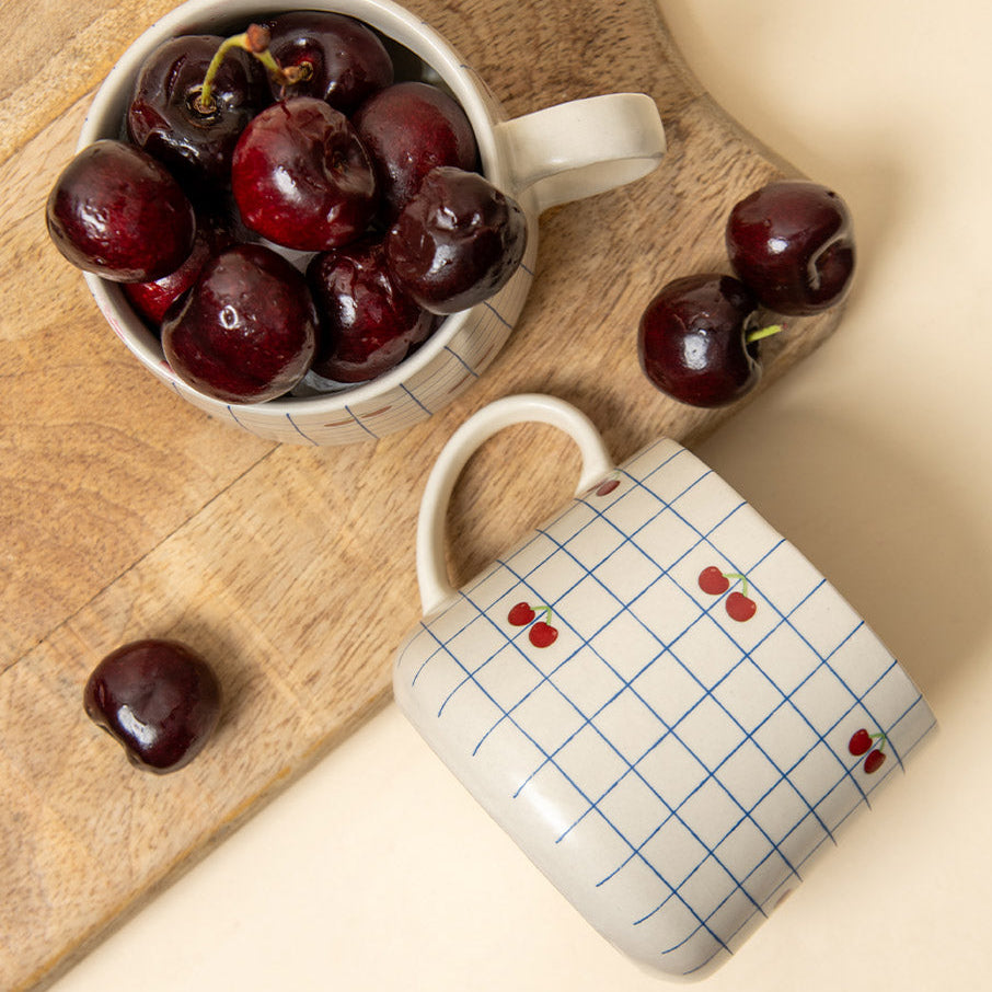 Cherry Checkered Ceramic Mug - 3.5 x 3 Inches , Set of 4