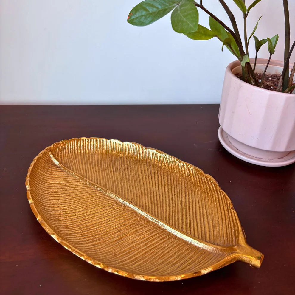 Gilded Leaf Serving Tray and Platter - 12 x 7.5 x 1.2 Inches