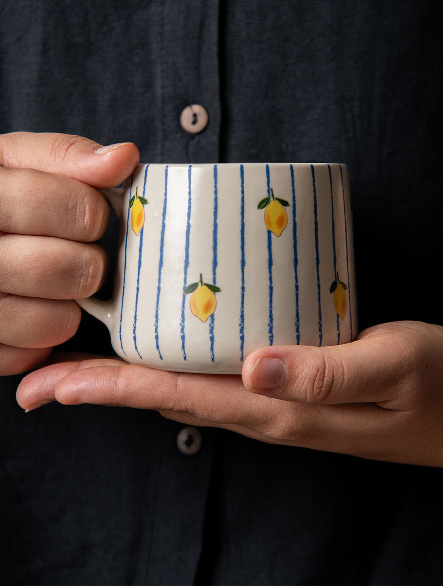 Lemon Striped Ceramic Mug - 3.5 x 3 Inches , Set of 4