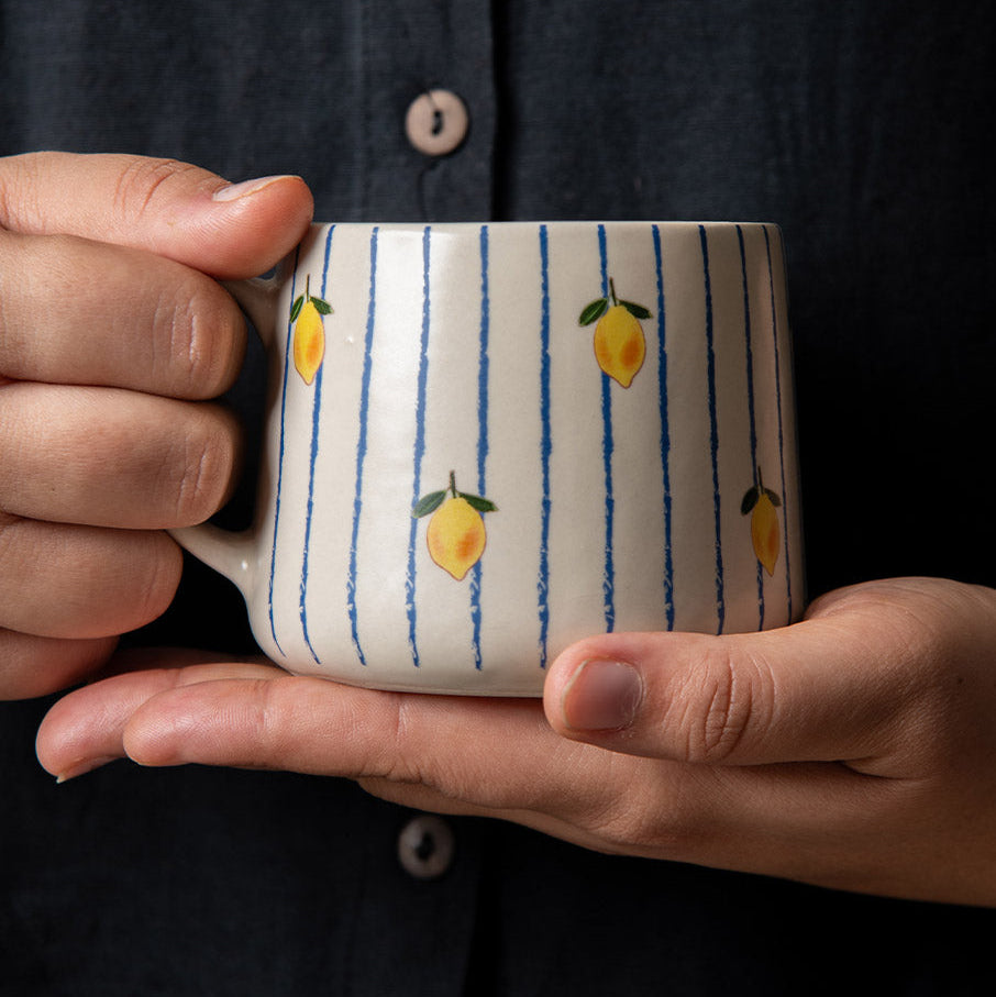 Lemon Striped Ceramic Mug - 3.5 x 3 Inches , Set of 4