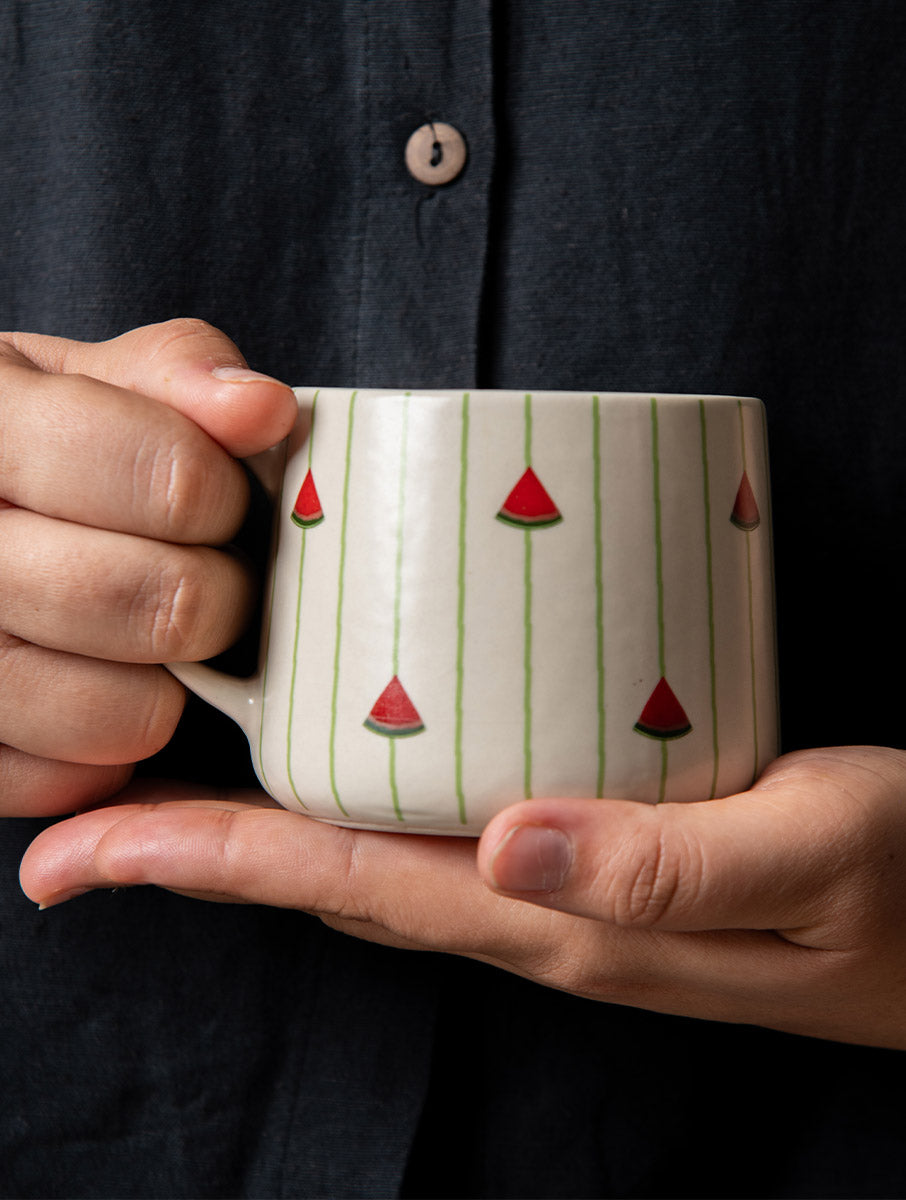 Watermelon Striped Ceramic Mug - 3.5 x 3 Inches , Set of 4
