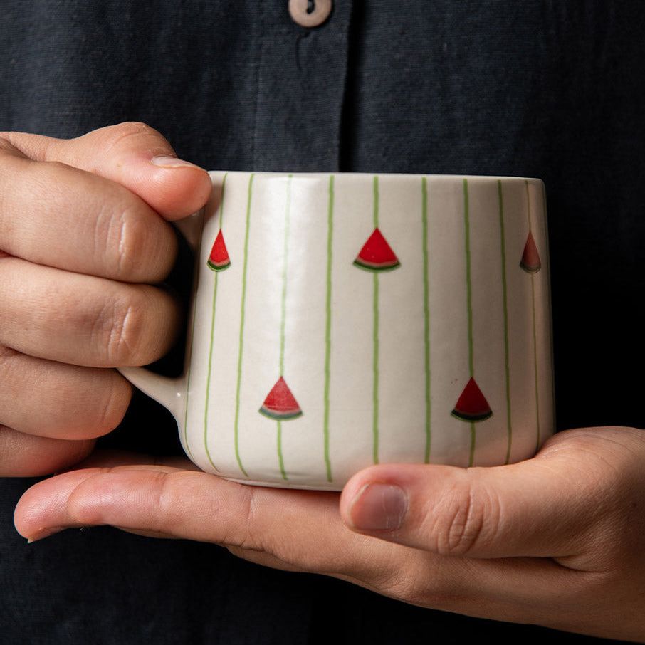 Watermelon Striped Ceramic Mug - 3.5 x 3 Inches , Set of 4