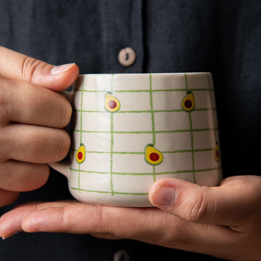 Avocado Checkered Ceramic Mug - 3.5 x 3 Inches , Set of 4