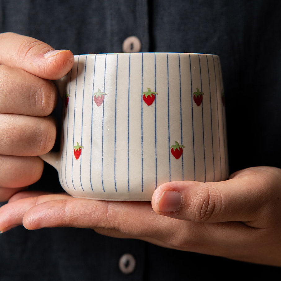 Strawberry Striped Ceramic Mug - 3.5 x 3 Inches, Set of 4