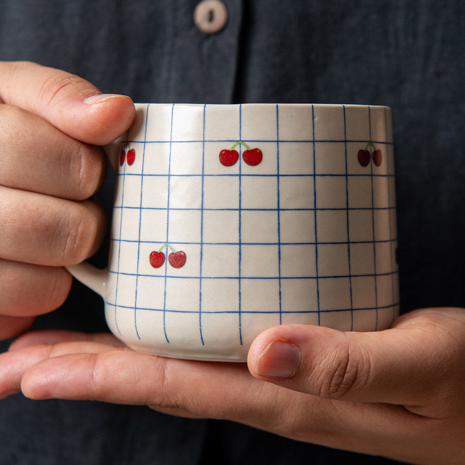 Cherry Checkered Ceramic Mug - 3.5 x 3 Inches , Set of 4