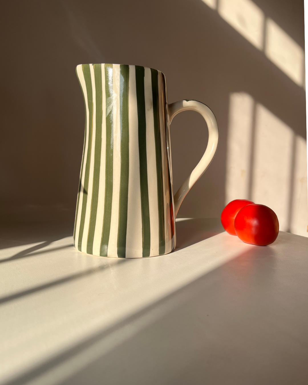Basil Green Striped Jug | Hand-Painted Ceramic | 8in