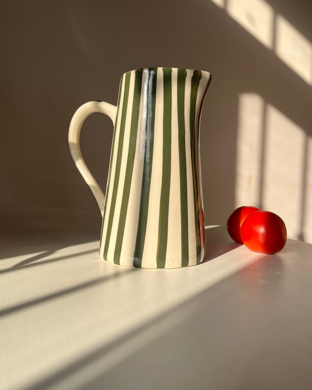 Basil Green Striped Jug | Hand-Painted Ceramic | 8in