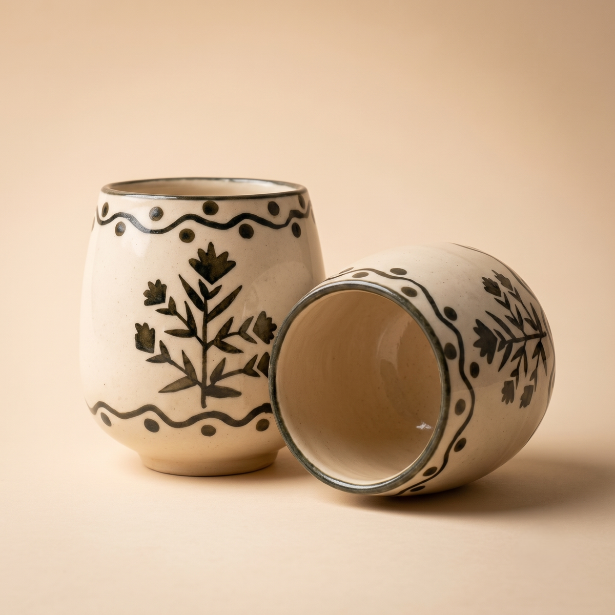 Green Drinking Cup | Hand-Painted Ceramic | 3 Inch | Set Of 2