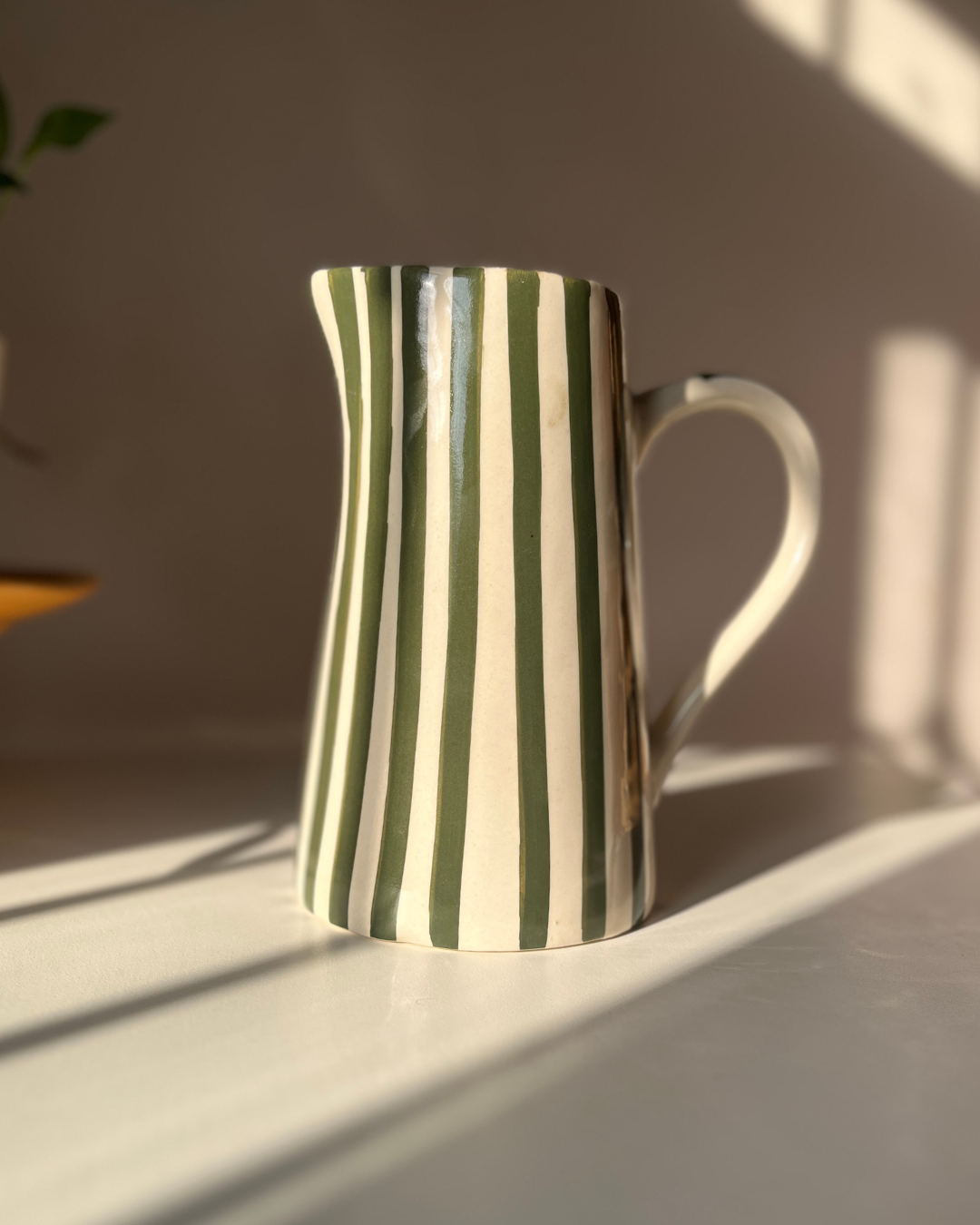 Basil Green Striped Jug | Hand-Painted Ceramic | 8in