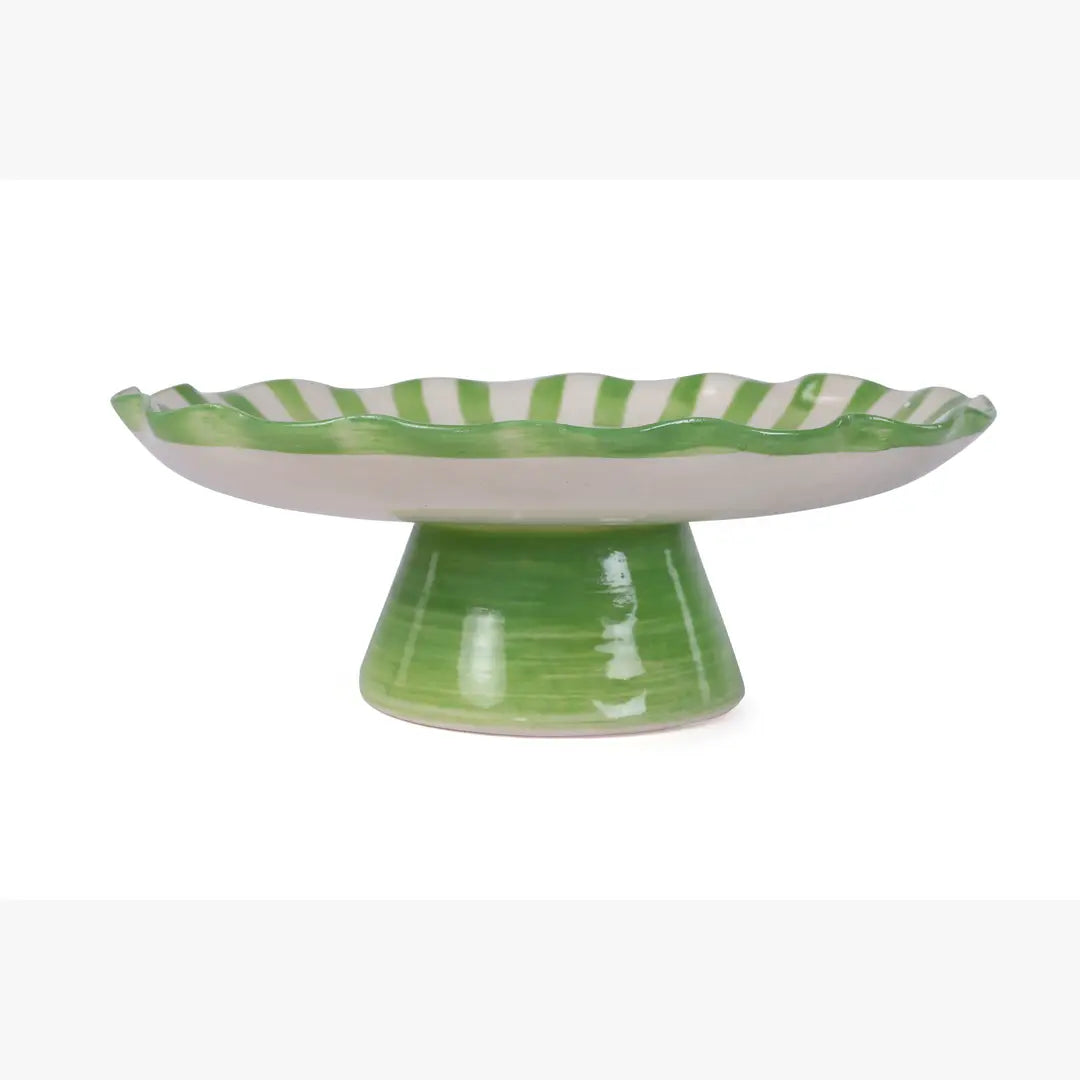Ceramic Stripe Cake Stand, Green - 10 x 10 x 3.75 Inches