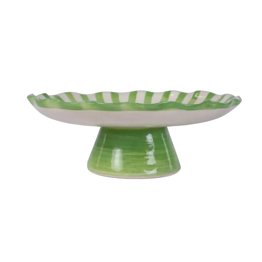 Ceramic Stripe Cake Stand, Green - 10 x 10 x 3.75 Inches