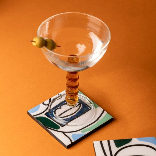 Faces Aqua Blue Coaster (Set Of 4) 4x4x0.2 Inches