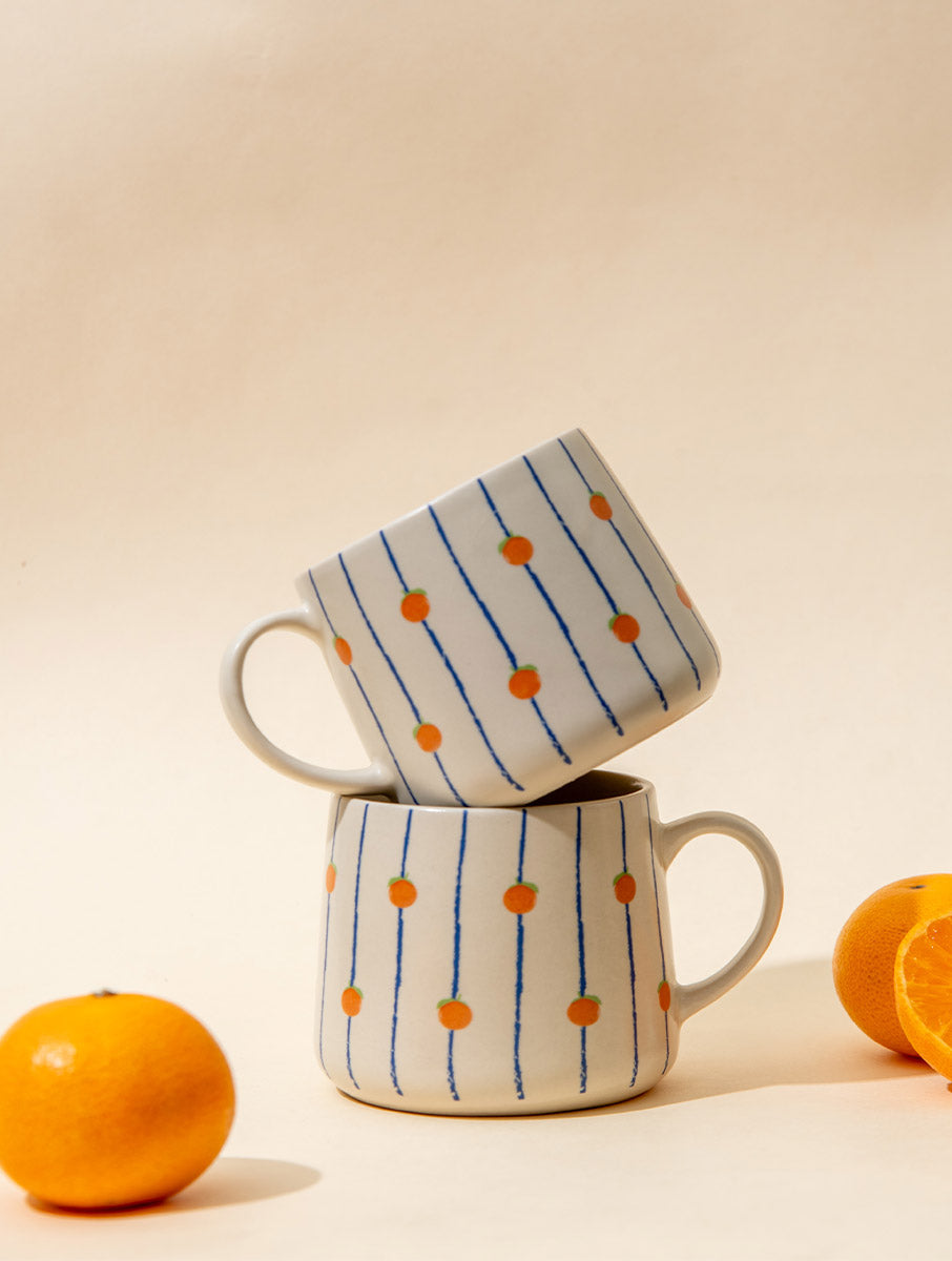 Orange Striped Ceramic Mug - 3.5 x 3 Inches , Set of 4