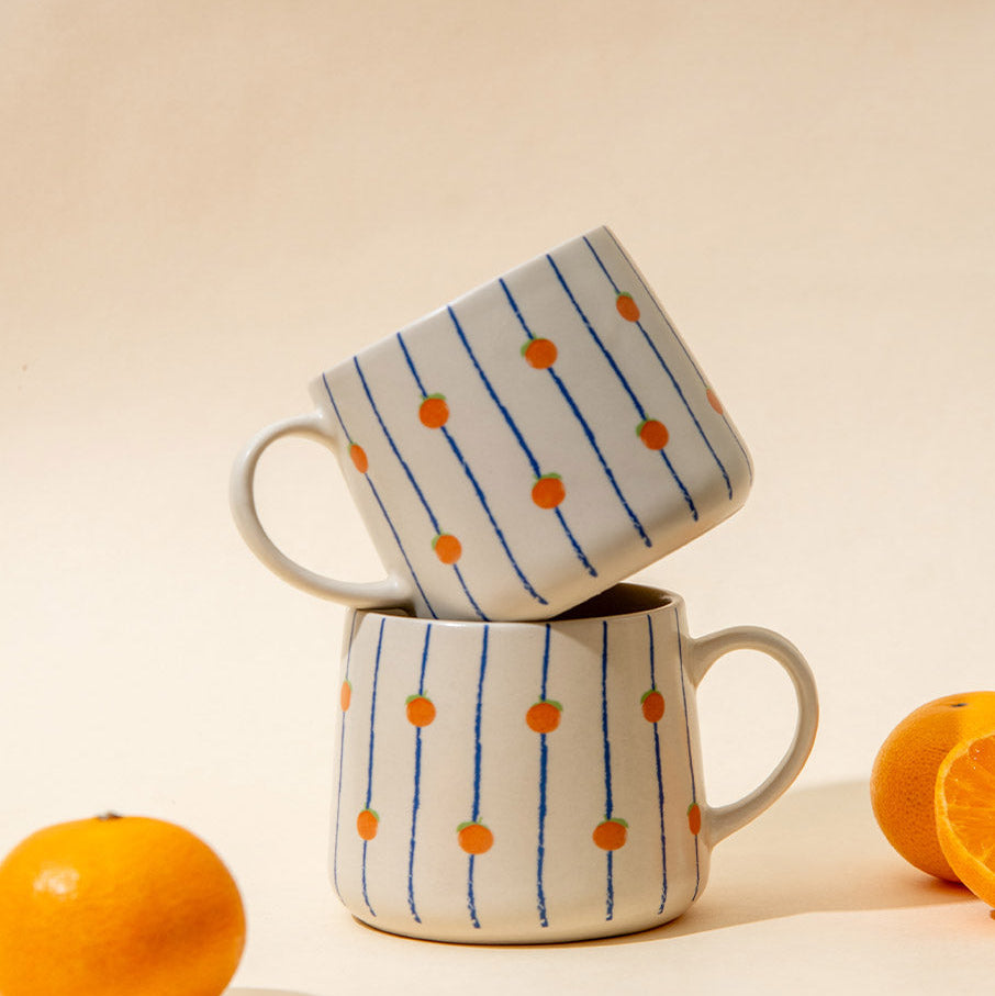 Orange Striped Ceramic Mug - 3.5 x 3 Inches , Set of 4