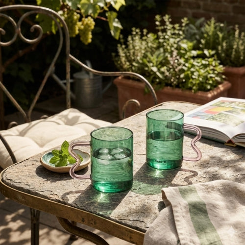 Swirl Glass Cups-Teal cup pink handle, 2.75x3.75 Inches (SET OF 4)