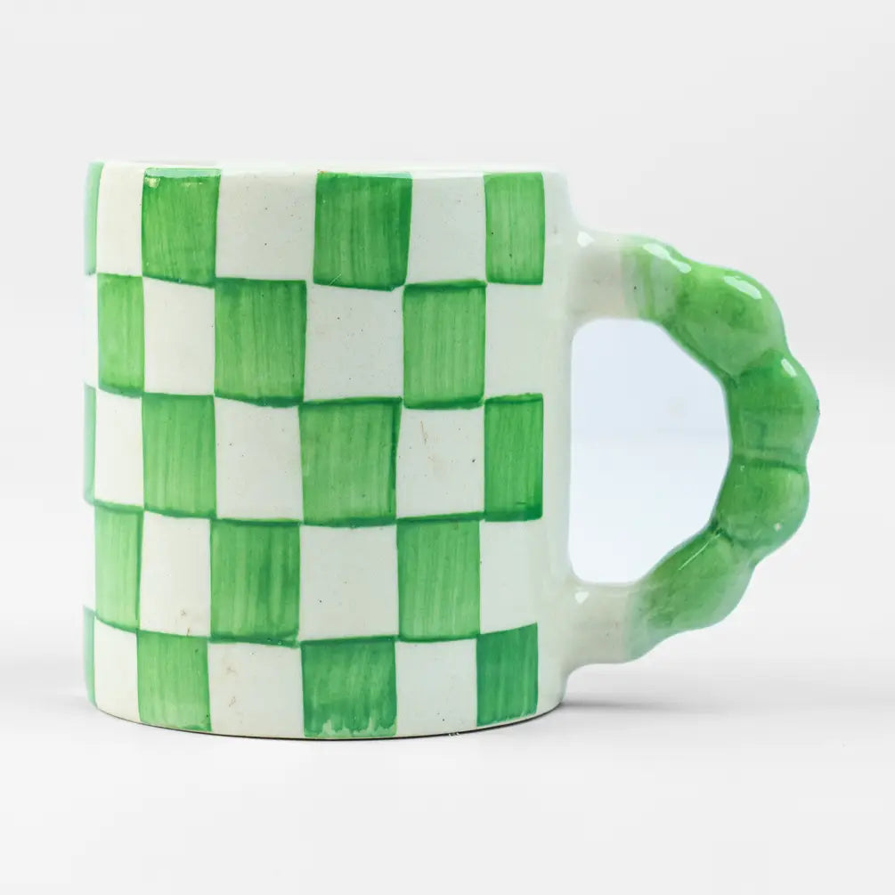 Green Checkered Ceramic Breakfast Set - Coffee Cup & Side Plate (Set of 2)