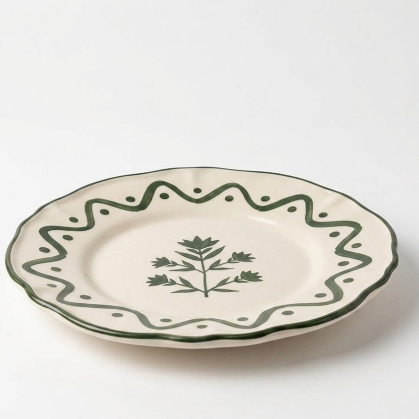Scalloped Green Floral Snack Plate | Hand-crafted Ceramic | Set Of 2