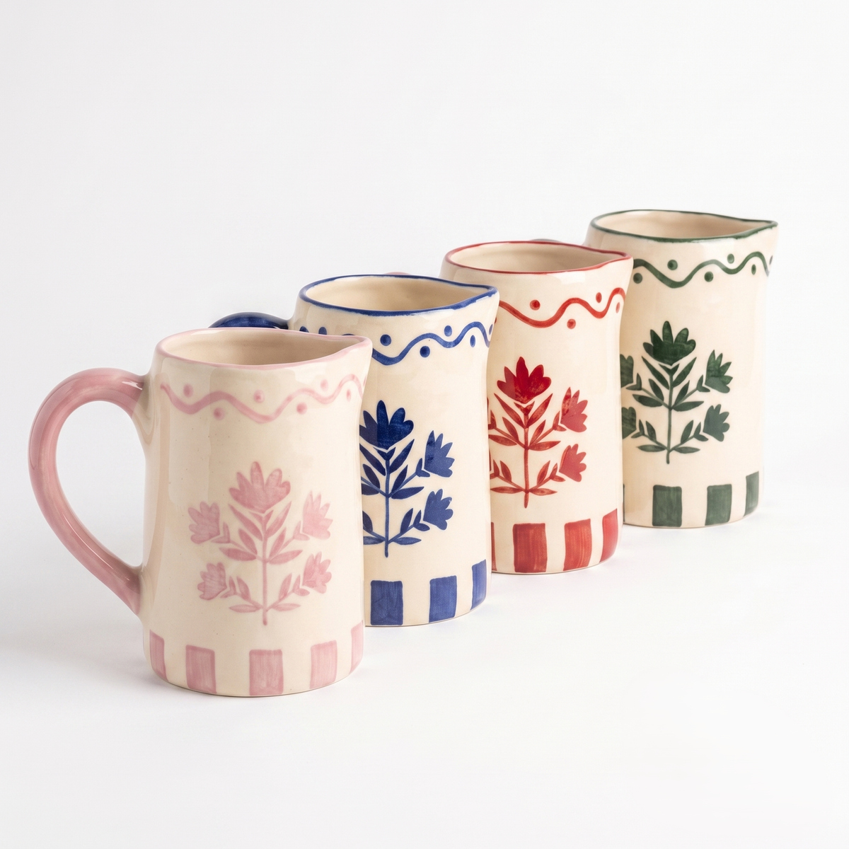 Pink Floral Striped Pitcher | Hand-painted Ceramic | 6 Inch