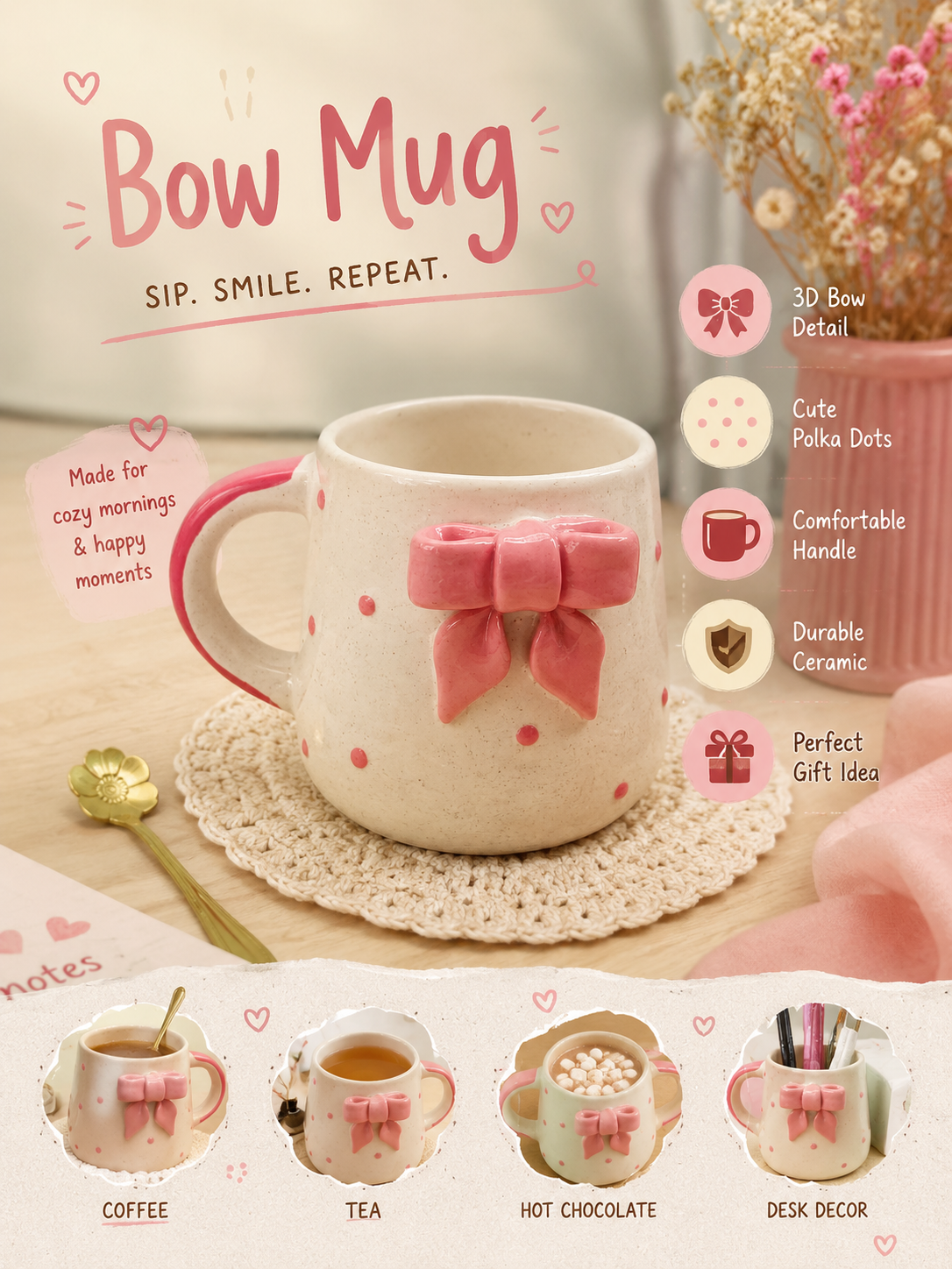 Handcrafted Ceramic Bow Mug Pink Polka Dot Coffee & Tea Cup
