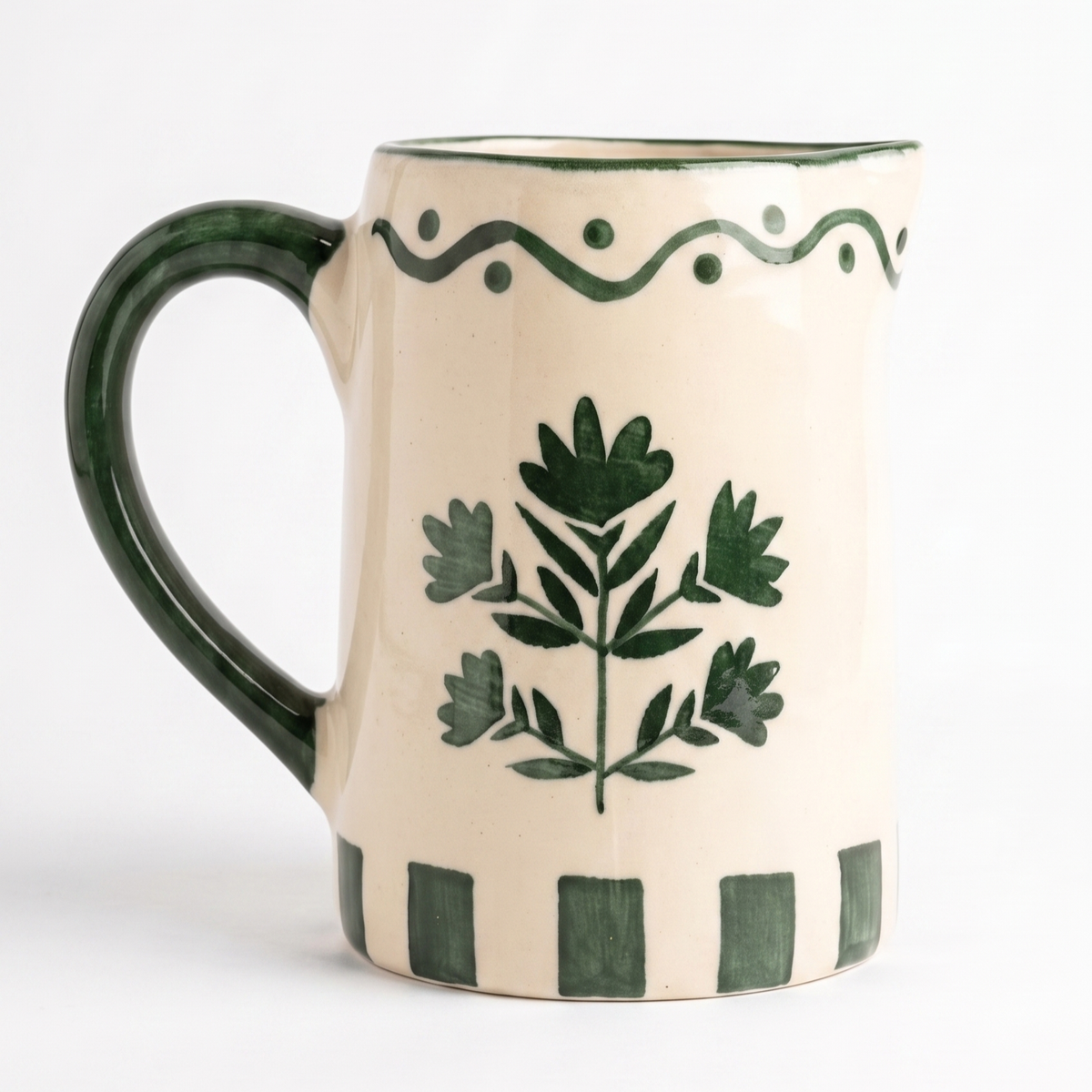 Green Floral Striped Pitcher | Hand-painted Ceramic | 6 Inch - Casa Amarosa