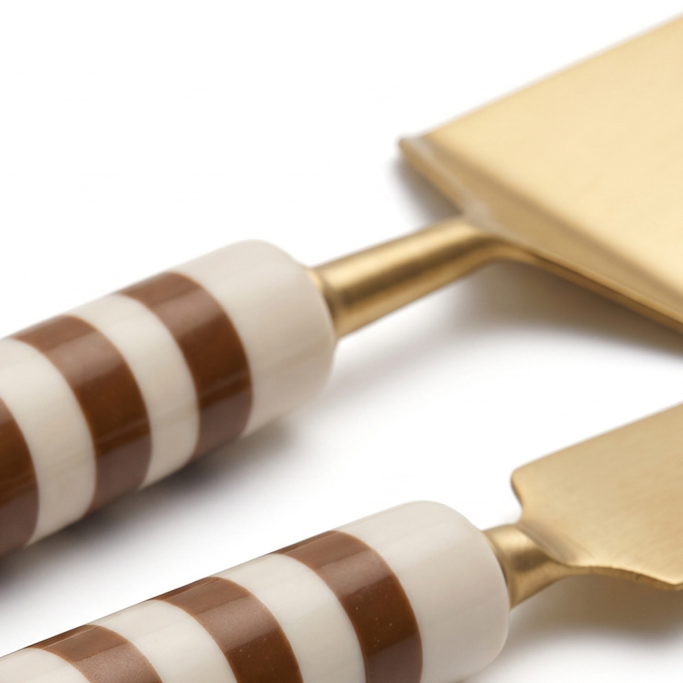 White & Brown Stripe Cake Knife Set | Set Of 2