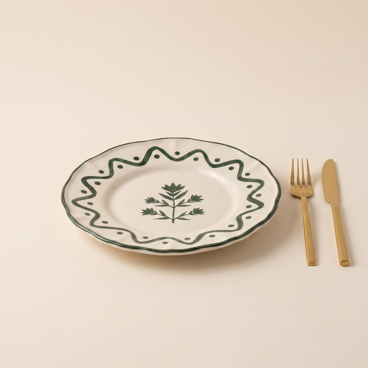 Scalloped Green Floral Snack Plate | Hand-crafted Ceramic | Set Of 2