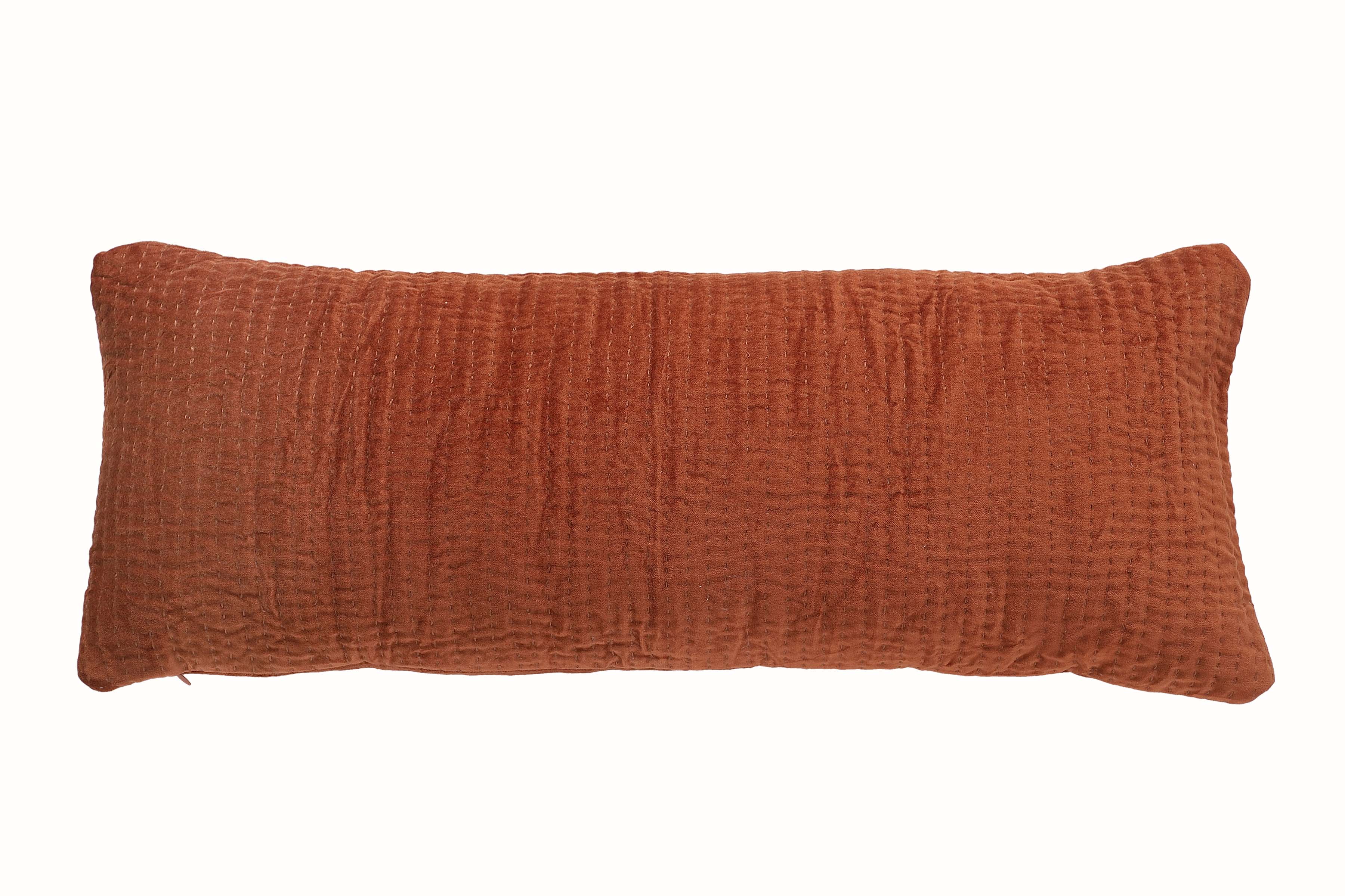 Velvet Kantha Handmade Lumbar Pillow Rust -12x30