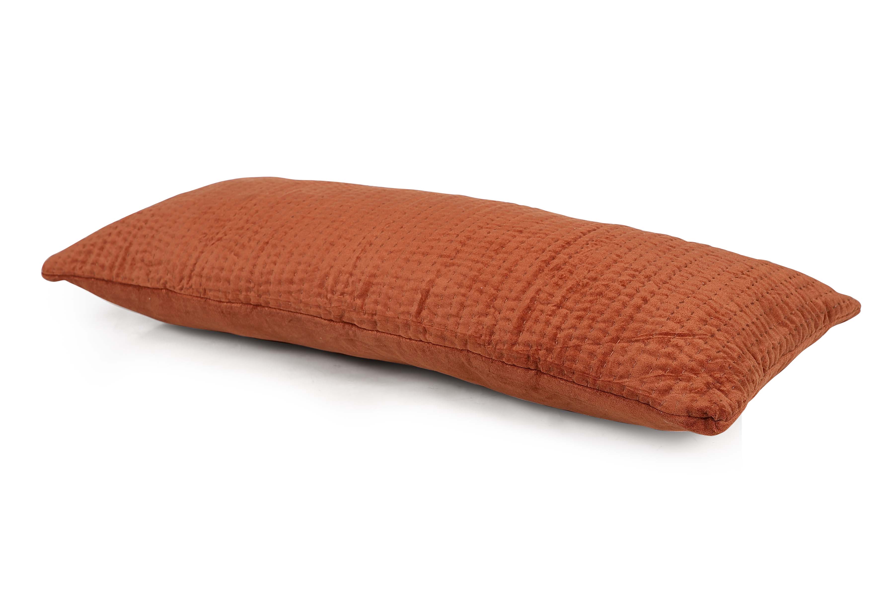 Velvet Kantha Handmade Lumbar Pillow Rust -12x30