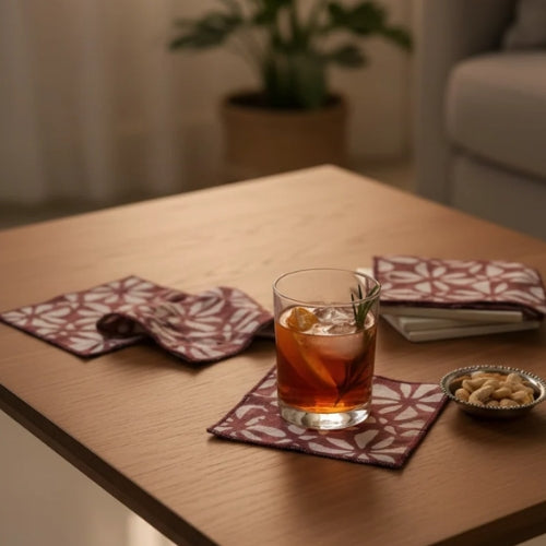 Hand Block Printed Rosy Sips Cocktail Napkin 5x5 Inches (Set of 4)