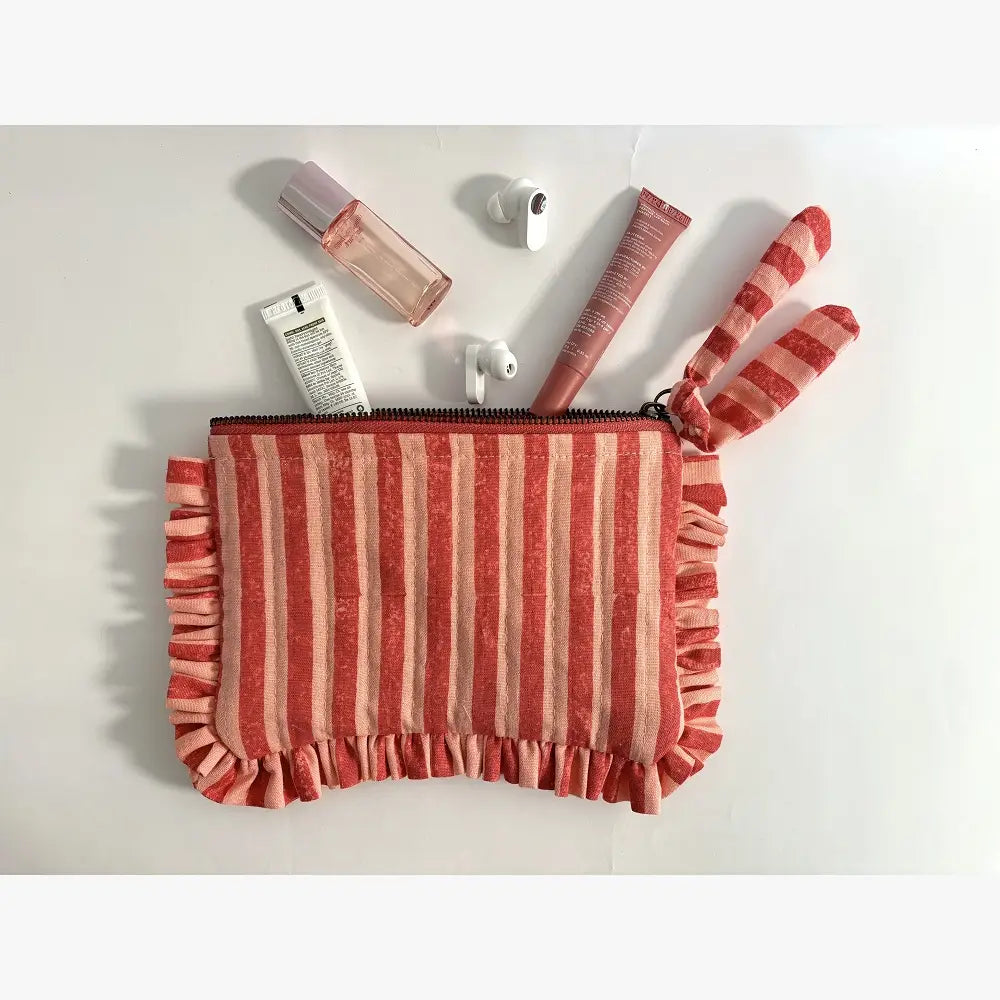 Handmade Quilted Pouch, Pink & Red Stripes - 8 x 5 Inches