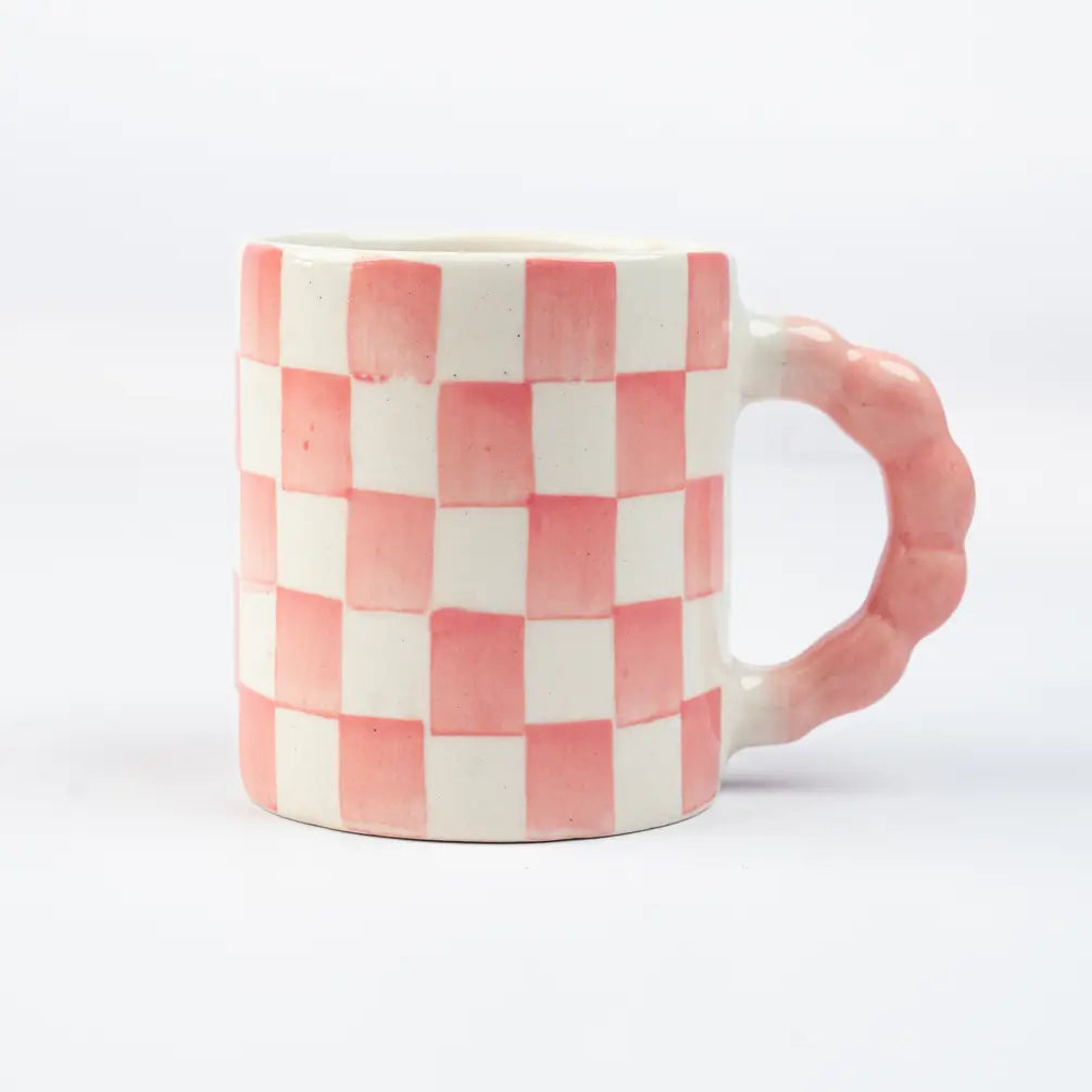 Pink Checkered Ceramic Breakfast Set - Coffee Cup & Side Plate (Set of 2)