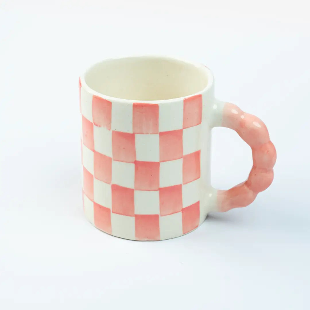 Pink Checkered Ceramic Mug , 3x3x3.5 Inches (Set of 2)