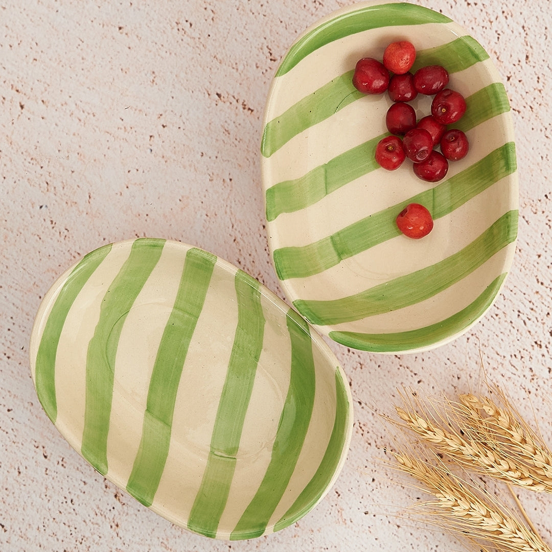 Ceramic stripe Bowl, Green 7x5x2 Inches (Set of 4)